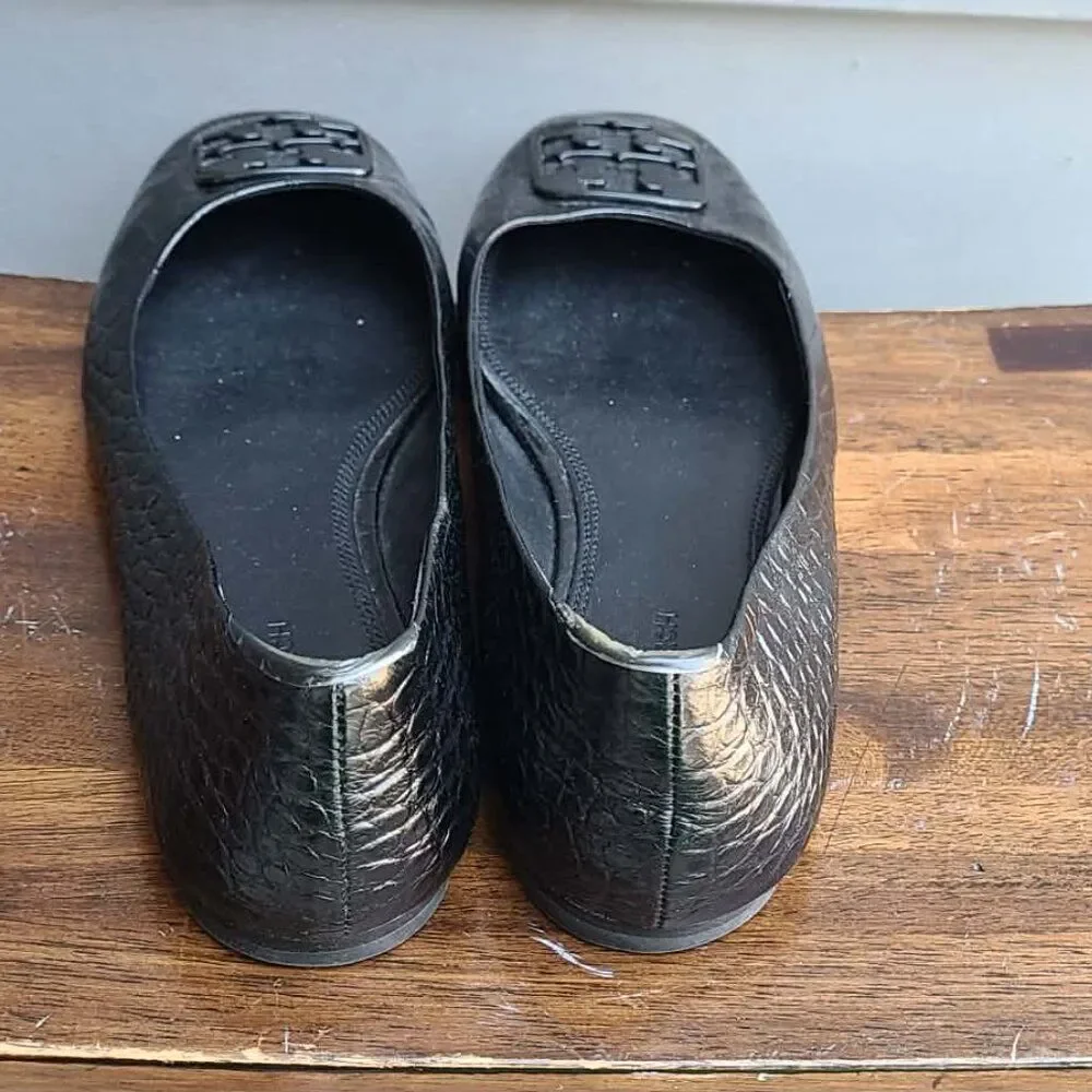 Tory Burch Georgia Black Leather Ballet Soft Croco Embossed Flats size 8 1/2